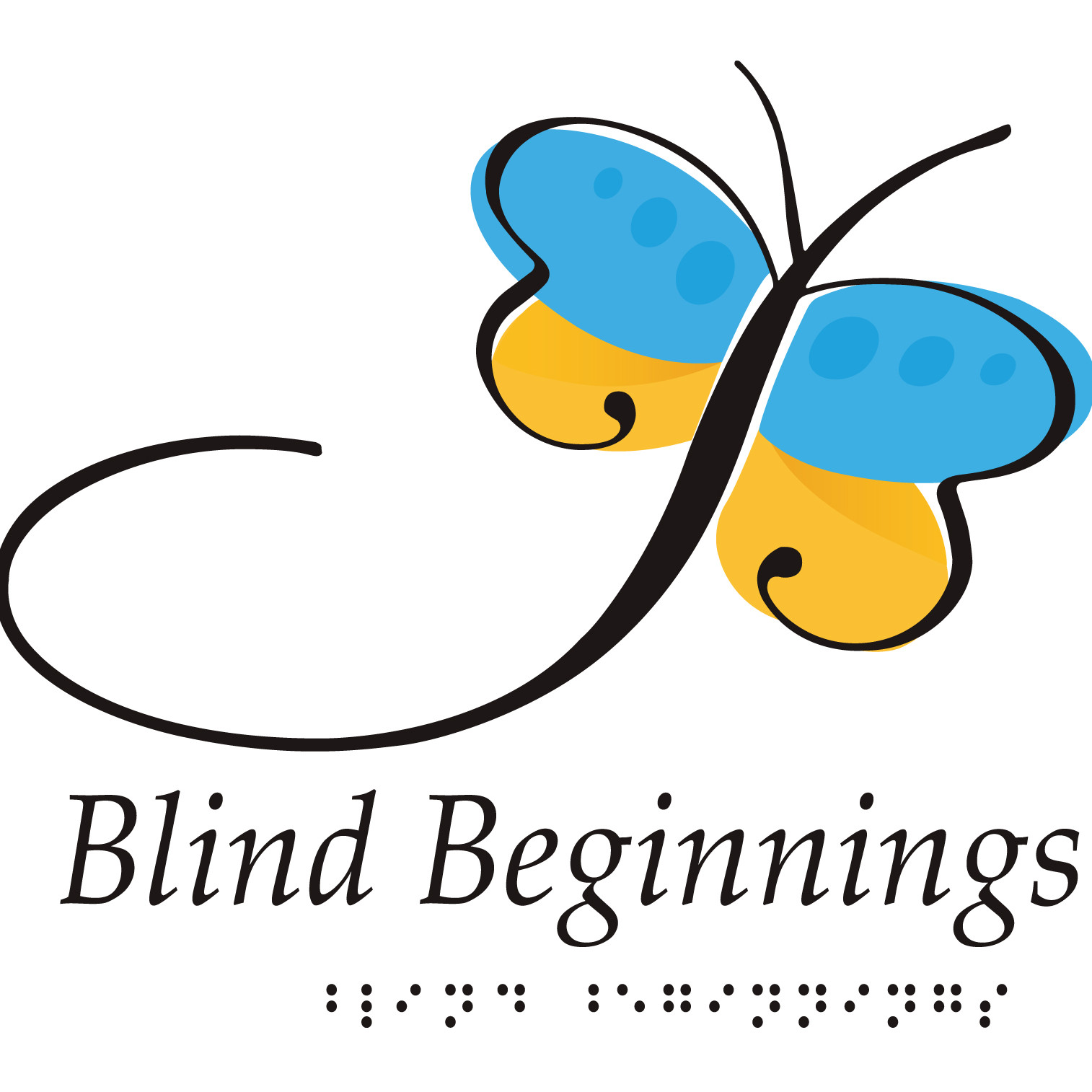 A drawing of a butterfly in the shape of a letter B with the words Blind Beginnings written beside it in English and Braille. 