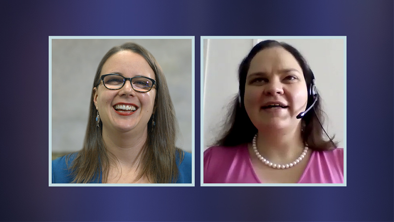 Two women speak during a video conference call.