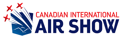 The Canadian International Air Show logo in red and blue text. A badge shows three red planes with contrails over blue clouds.