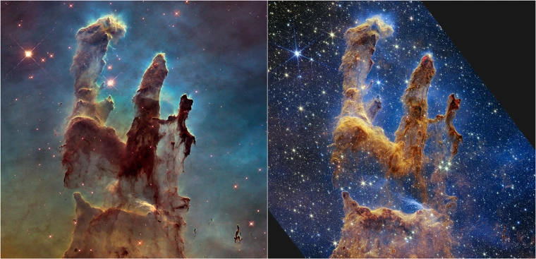 A comparision of "the pillars of creation", a stellar gas a dust formation, as captured on the Hubble and James Webb telescopes.