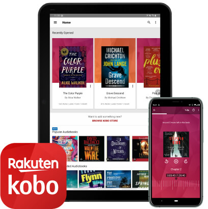 The Rakuten Kobo app displays a variety of books on a tablet and smartphone.