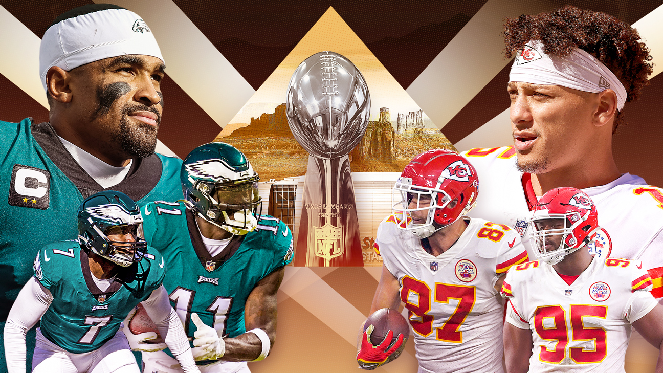 A Super Bowl poster showing players from both the Eagles and Chiefs