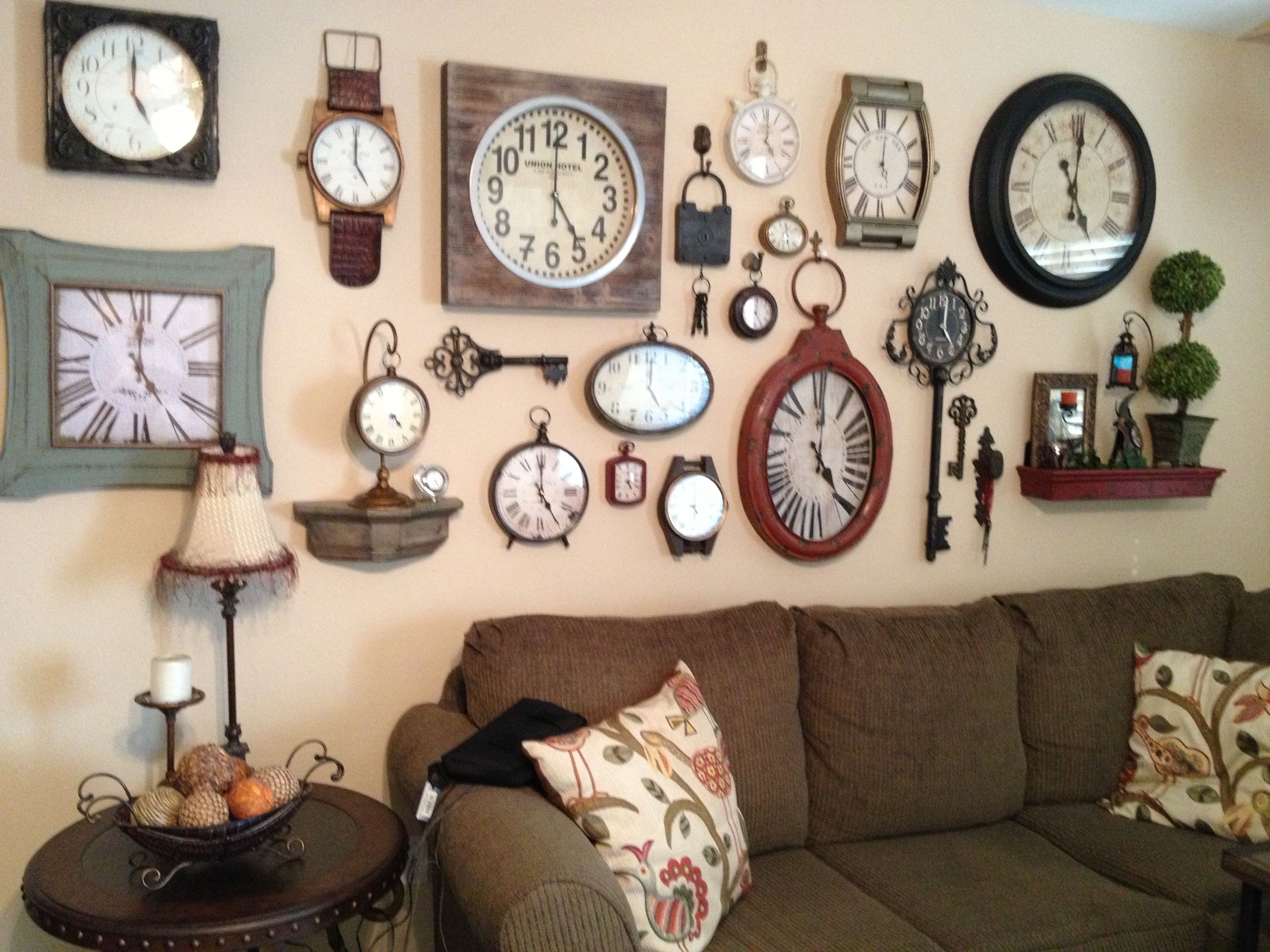 Various clocks on a wall