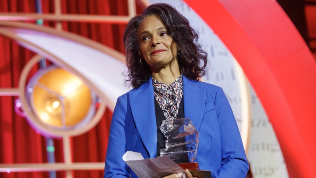 2022 Giller Prize winner Suzette Mayr with her award