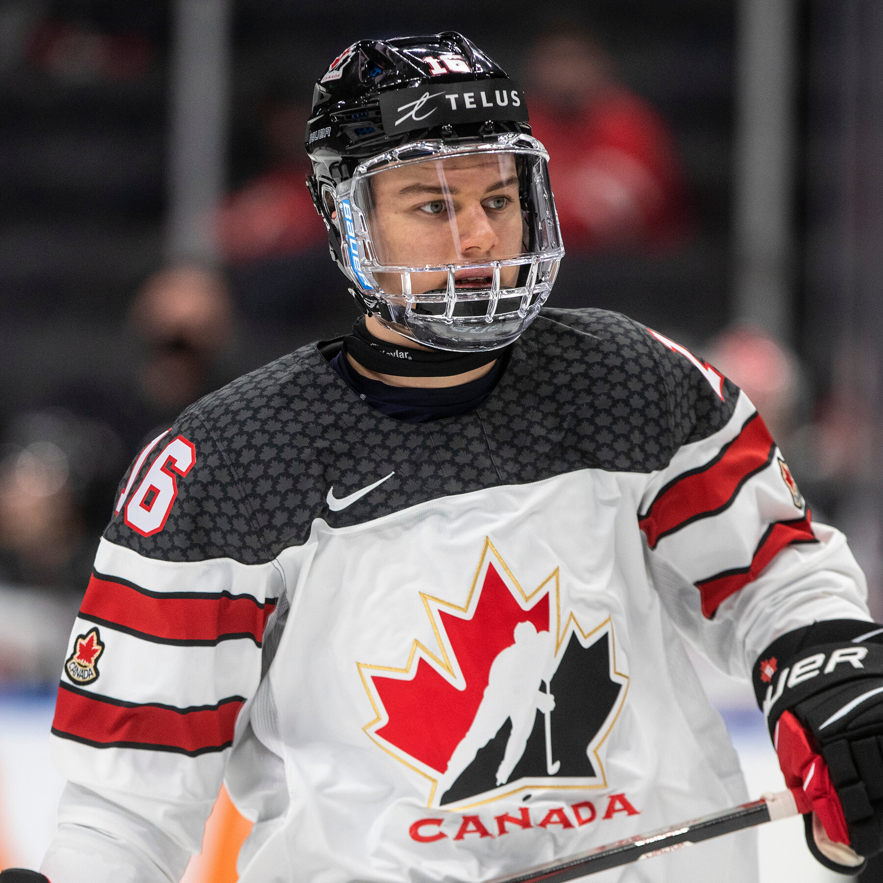 Connor Bedard wearing a team Canada jersey